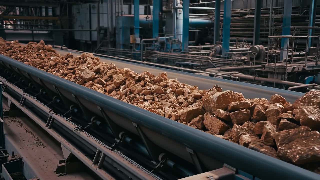 Ore or Rock Transported on a Conveyor Belt in an Industrial Setting