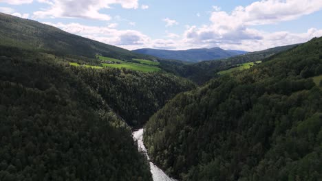 Aerial-view-of-a-lush-forest-valley-with-a-winding-river,-surrounded-by-rolling-hills-and-clear-skies