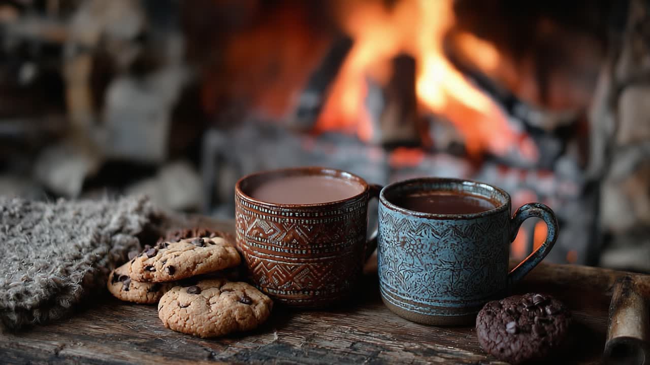 Momento Caldo e Accogliente Accanto al Camino: Deliziarsi con una Ricca Cioccolata Calda e Deliziosi Biscotti Godendosi il Caldo Bagliore di un Fuoco Scoppiettante