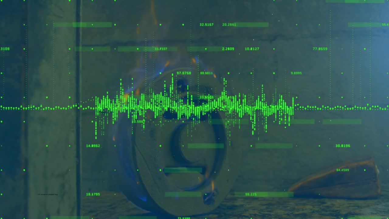 Green waveform rising and clustering after signal surge, overlaying bench bearing to show vibration