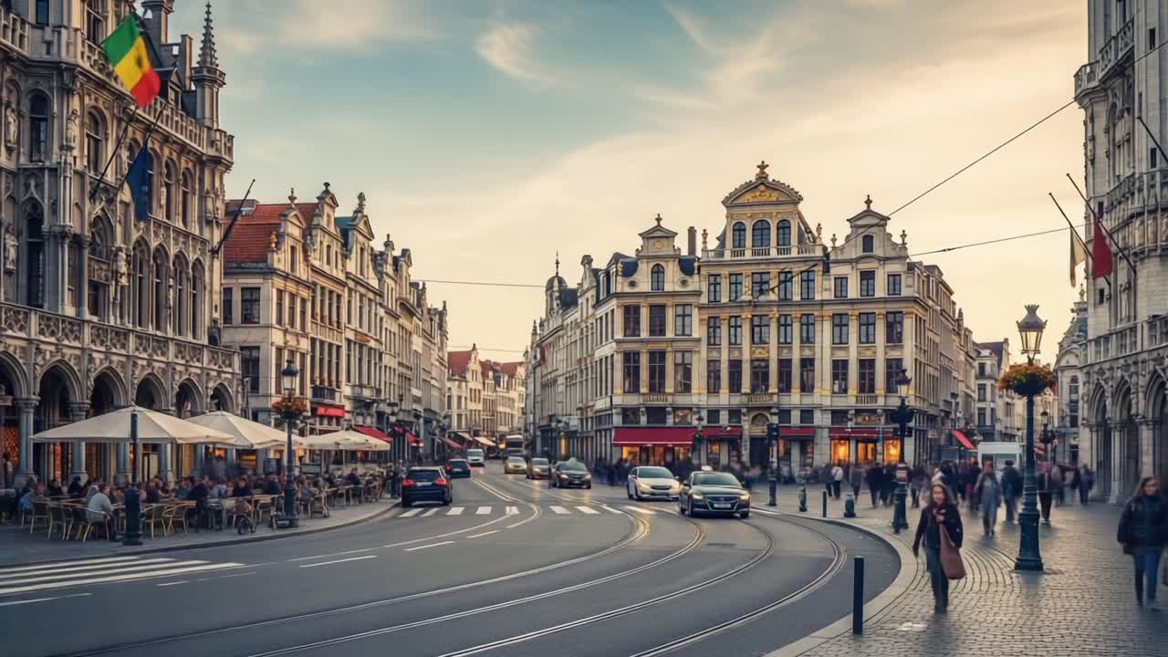 Affascinante paesaggio urbano al crepuscolo: un vivace centro città caratterizzato da architettura storica, strade affollate e momenti di vita quotidiana in una città europea
