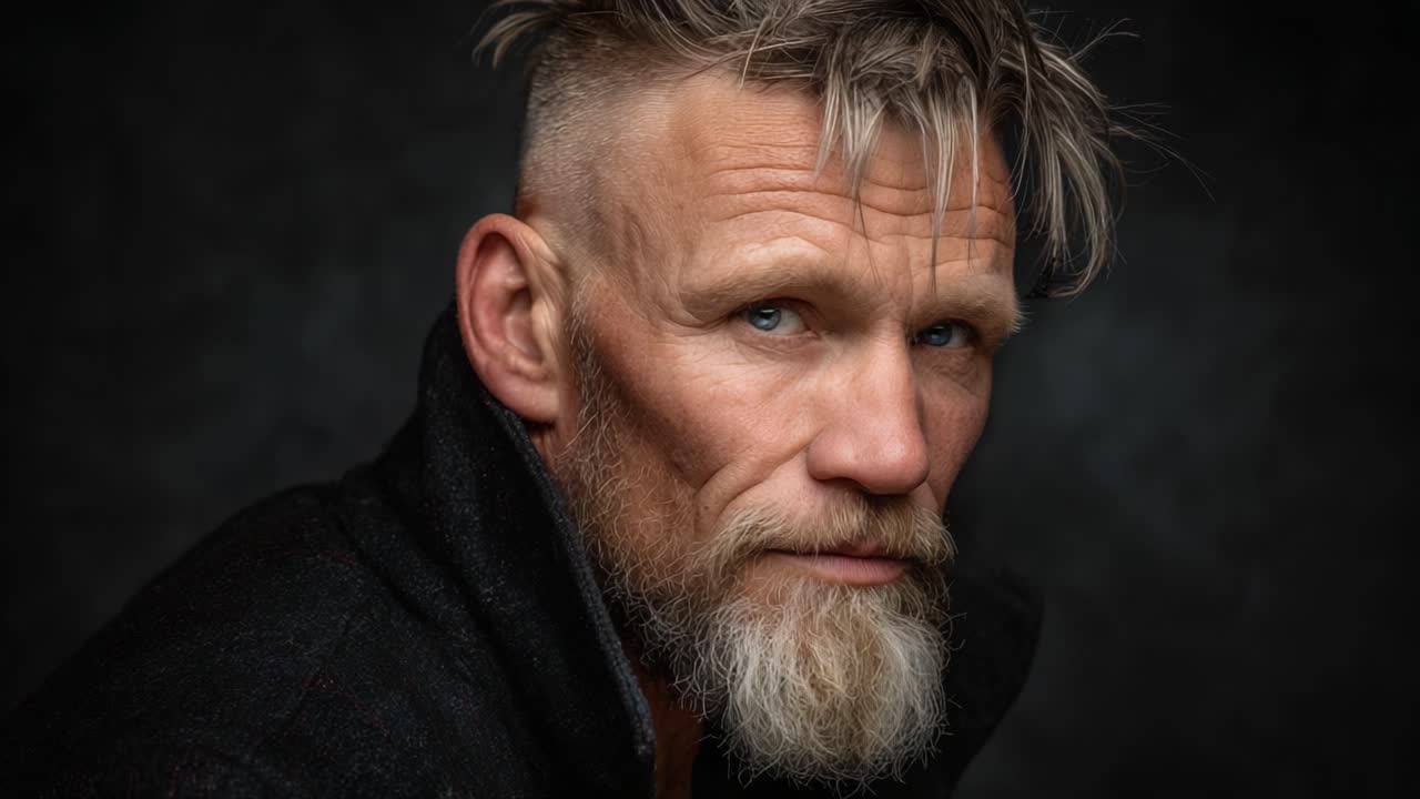 Intenst portræt af en moden mand med et karakteristisk skæg og unik frisure, der fanger dybde og karakter i en mørk, stemningsfuld ramme