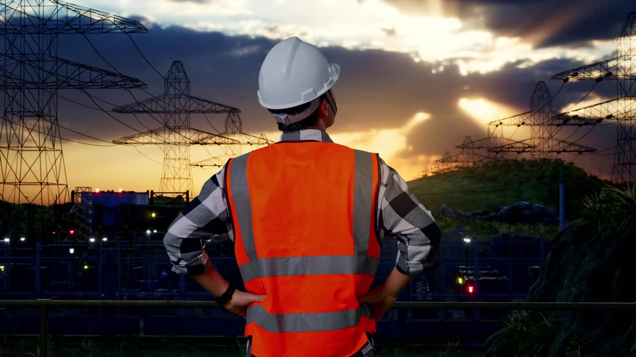 vista trasera de un ingeniero masculino con casco de seguridad mirando a su alrededor mientras está de pie con los brazos akimbo cerca de la torre de alto voltaje
