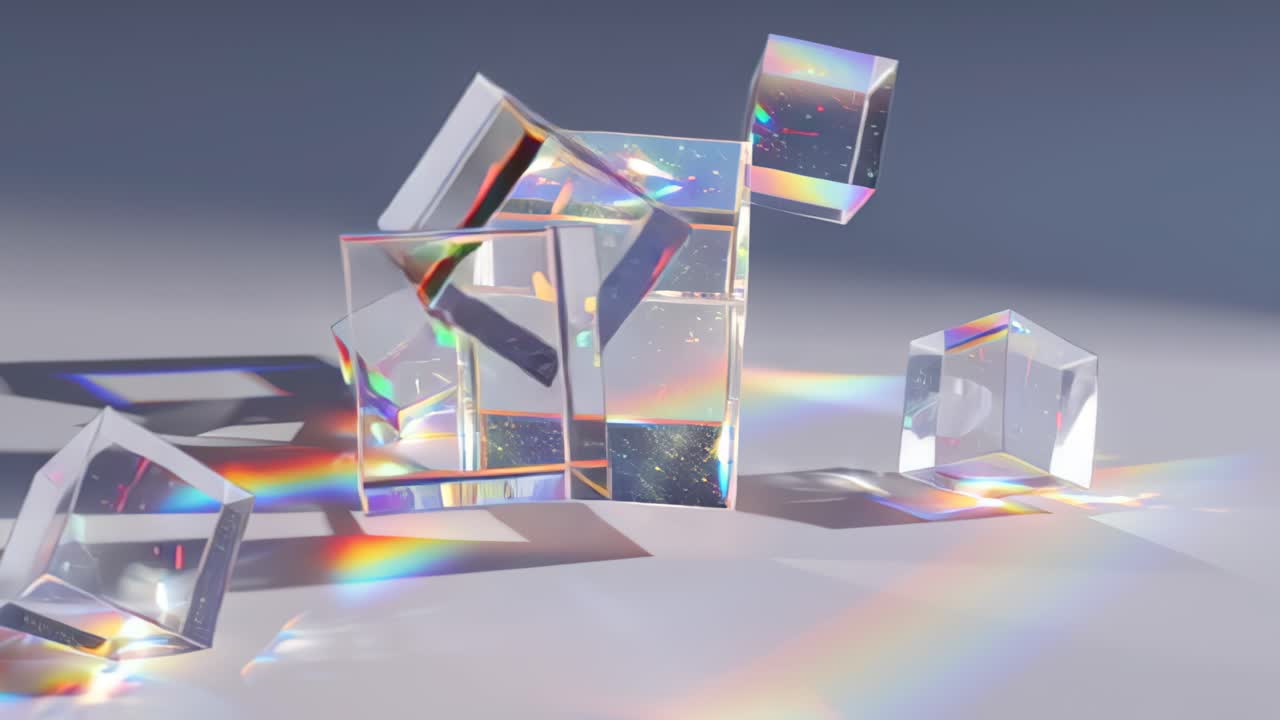 Footage of transparent glass cubes and prisms reflecting and refracting rainbow light on a minimal studio surface, creating colorful caustics and soft shadows