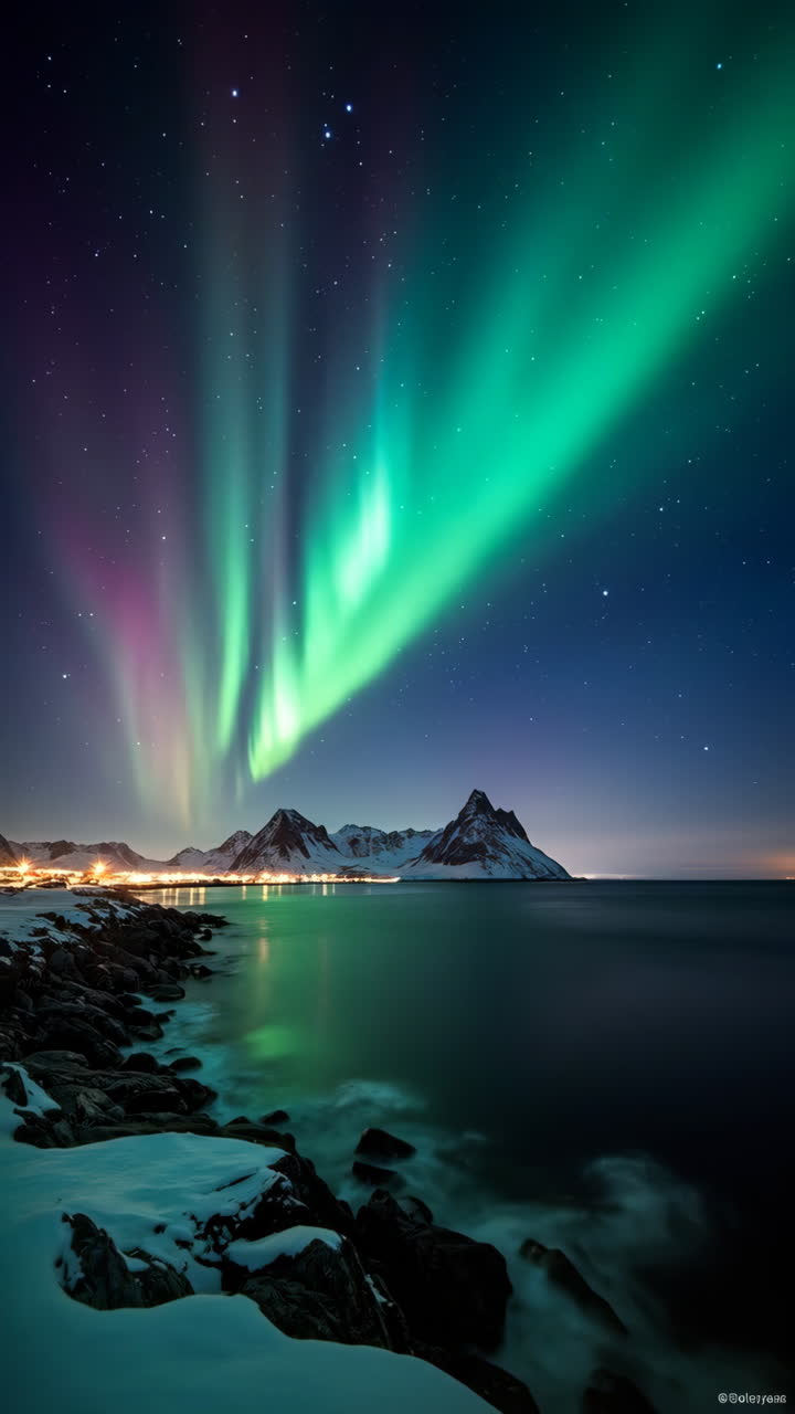 Vibrant Aurora Borealis Over Snowy Mountains and Coastal Waters