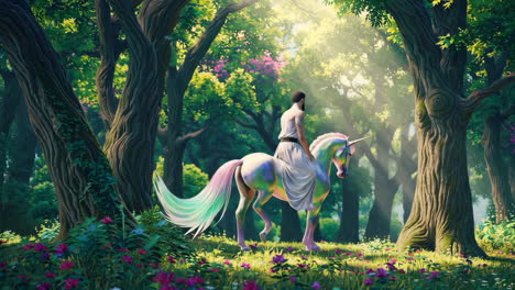 man riding a rainbow unicorn in an enchanted forest