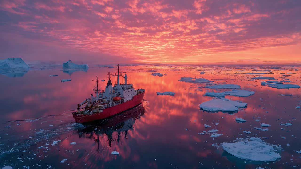 A majestic red ship navigates the icy waters against a stunning backdrop of colorful clouds and a vivid sky at sunrise, surrounded by drifting icebergs in a tranquil setting