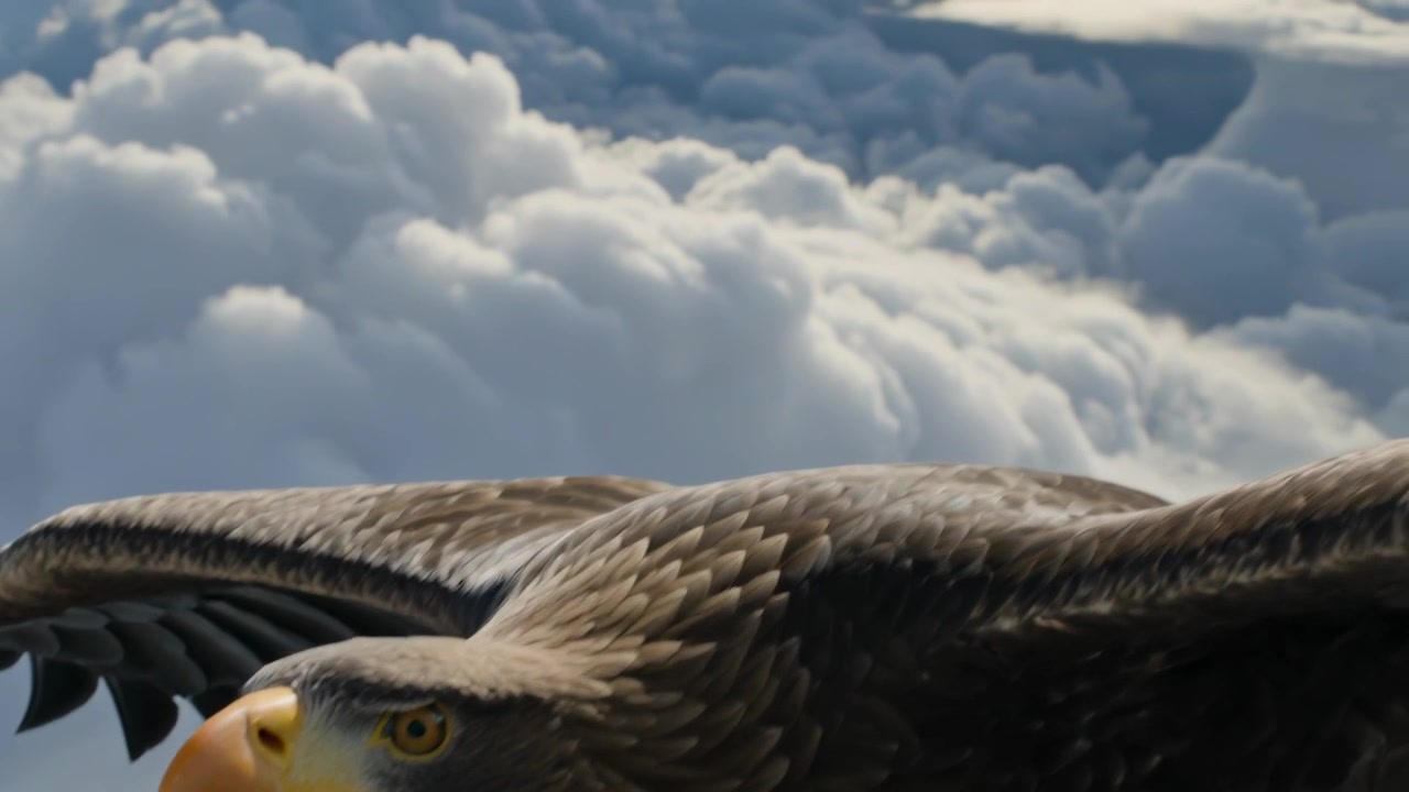 Grande rapace che plana, scrutando uno strato di cumuli mentre la telecamera si allontana, cacciando la preda con il becco adunco.