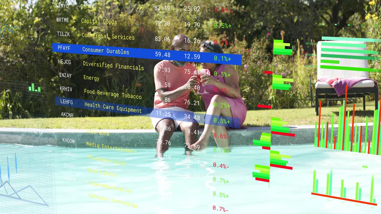 Mature man tapping phone and showing drink pool, woman leaning in, couple viewing finance overlay