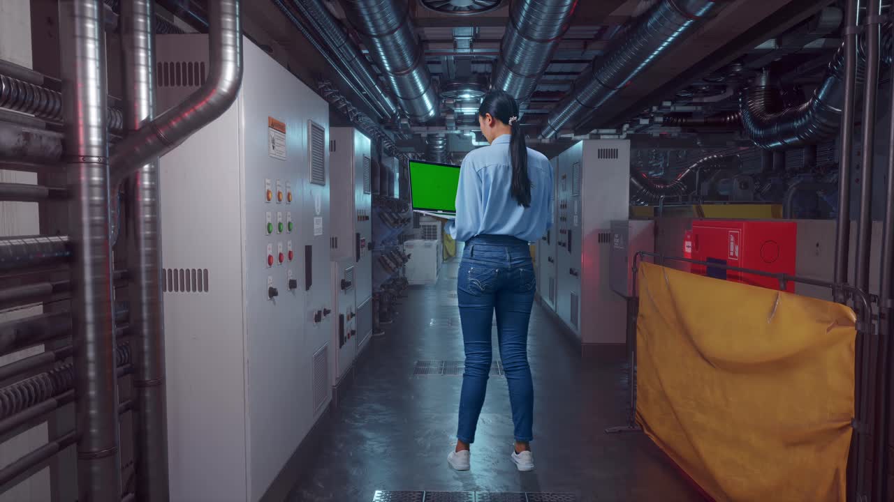Full Body Back View Of An Asian Female Professional Worker Standing In Engine Control Room, Typing On Laptop'S Keyboard With Green Screen And Look At The Factory Once