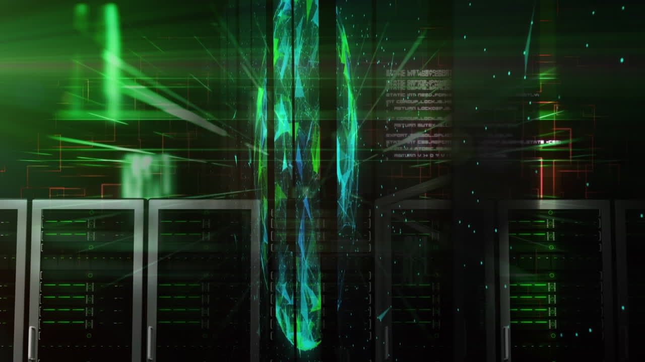 Animation of data processing and globe over server room