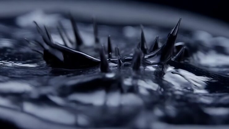 Reacting to magnet being placed beneath dish, glossy ferrofluid forming spikes on tabletop