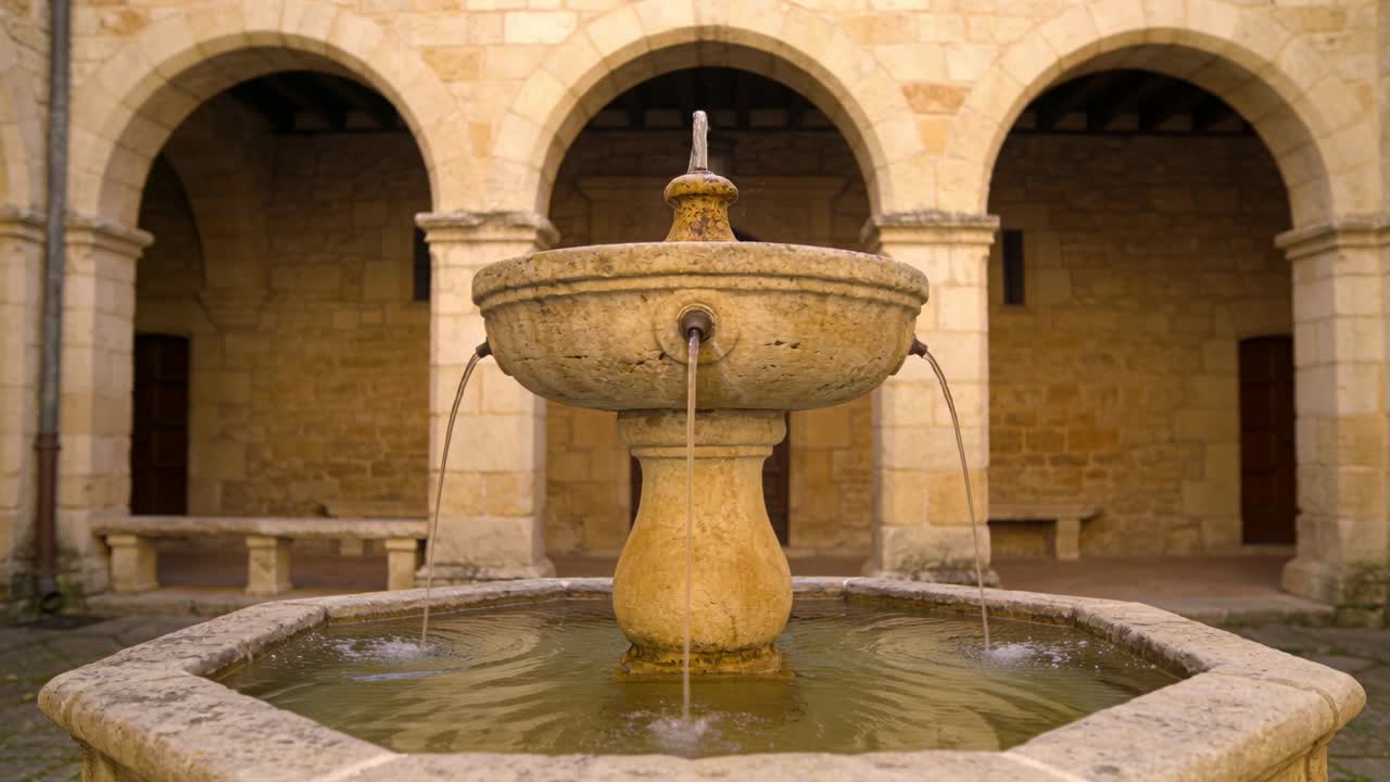 Telecamera che inquadra una fontana centrale in pietra, che versa acqua da beccucci in una vasca ottagonale, in un chiostro.