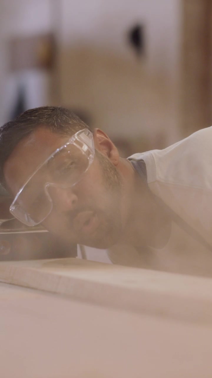 Carpenter Blowing Sawdust Off Wooden Plank in Workshop