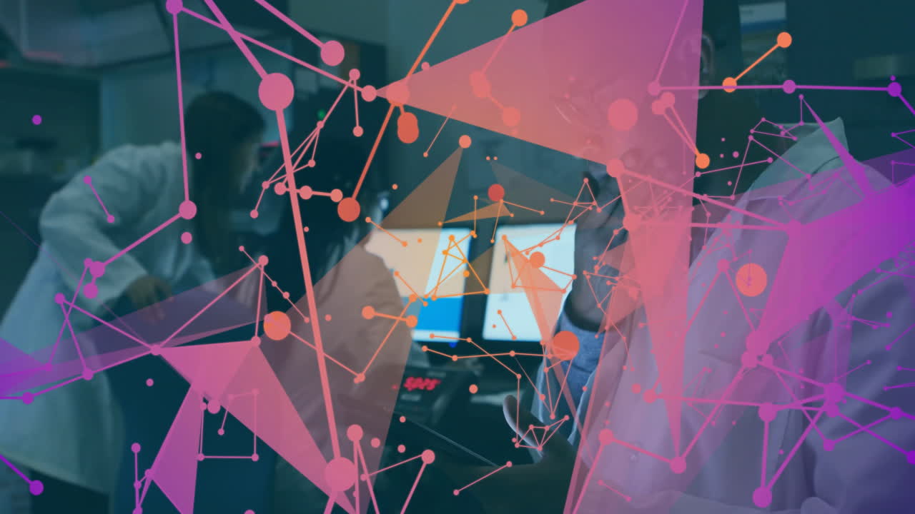 Scientists working in laboratory with colorful geometric network animation overlay