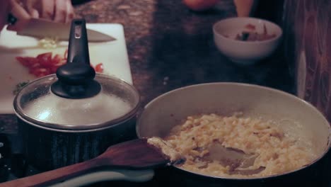 candid kitchen scene focused on a pan in a stove with hands busy chopping ingredients in the background showing daily domestic life and home cooking