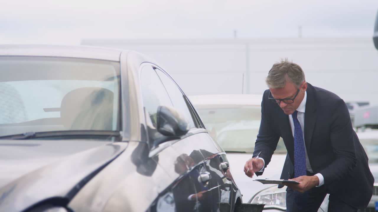 자동차 사고로 인한 자동차 손해를 점검하는 클립보드와 함께 보험 손실 조정자