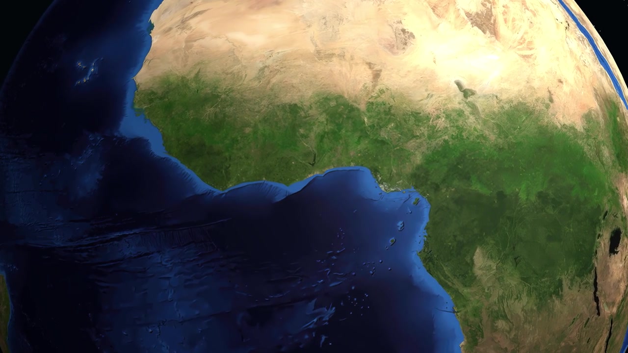Un'animazione digitale zooma dallo spazio profondo nella città di Accra, Ghana, Africa occidentale.