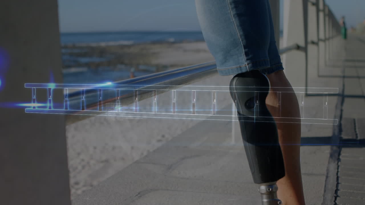 해변에 서 있는 인공 팔다리를 가진 여성 위의 dna 줄무의 애니메이션