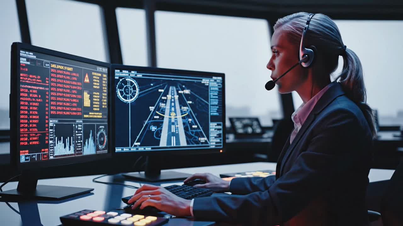 Air traffic controller monitoring runway operations on screens
