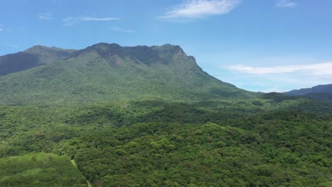 drone going up in a aerial high angle view over an beautiful rainforest mountains at estrada da graciosa and serra marumbi, brazil