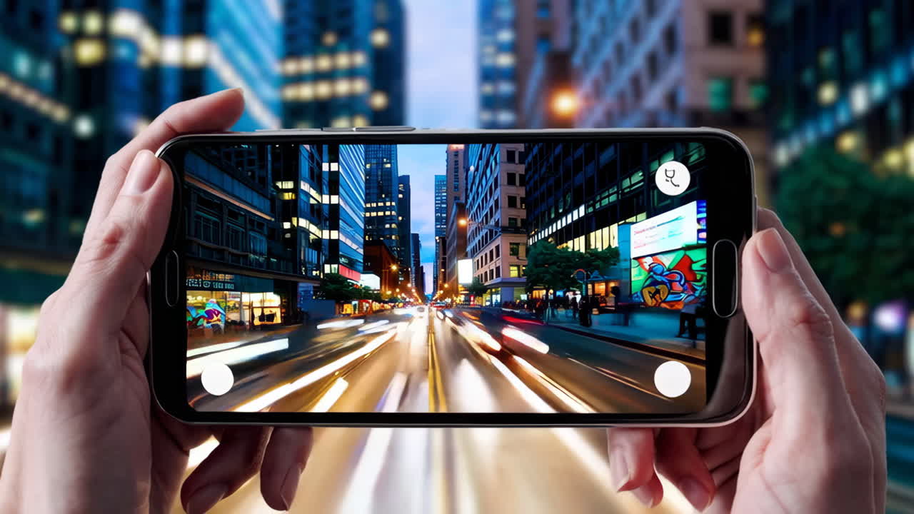 Hands Holding Smartphone with Augmented Reality View of City at Night