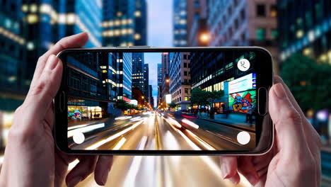 hands holding smartphone with augmented reality view of city at night