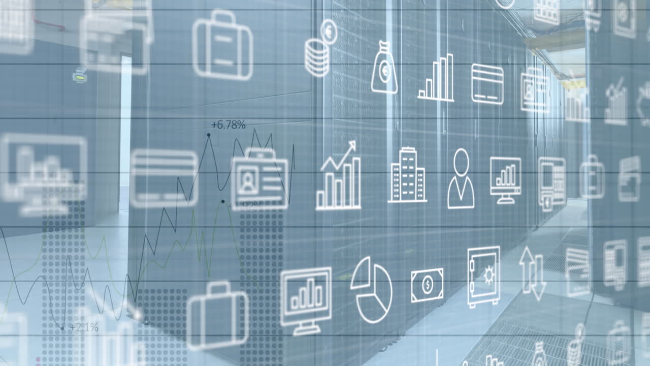 animación de múltiples iconos, gráficos con números cambiantes en los racks de los servidores de datos