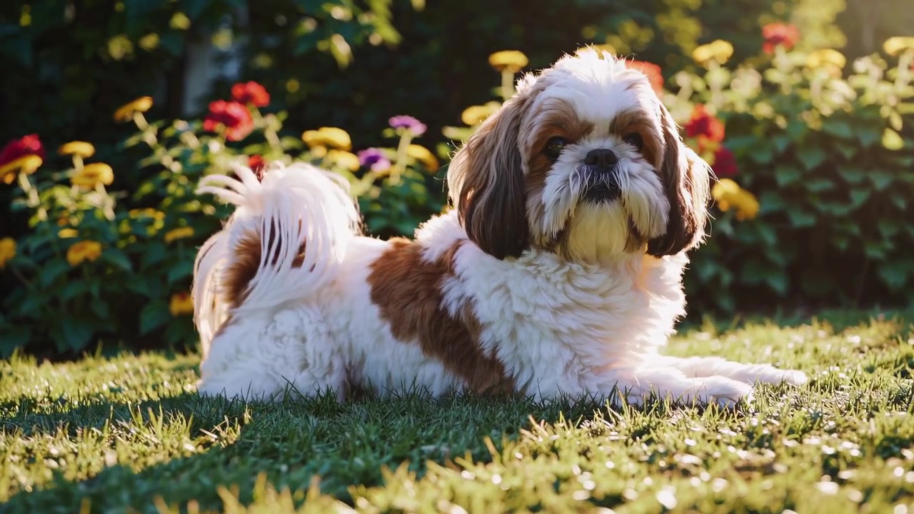 Adorabile cane Shih Tzu che riposa e gioca in un giardino soleggiato
