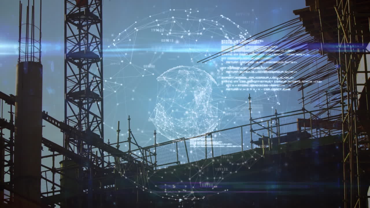 건설 현장 위의 데이터 처리와 연결된 지구의 애니메이션