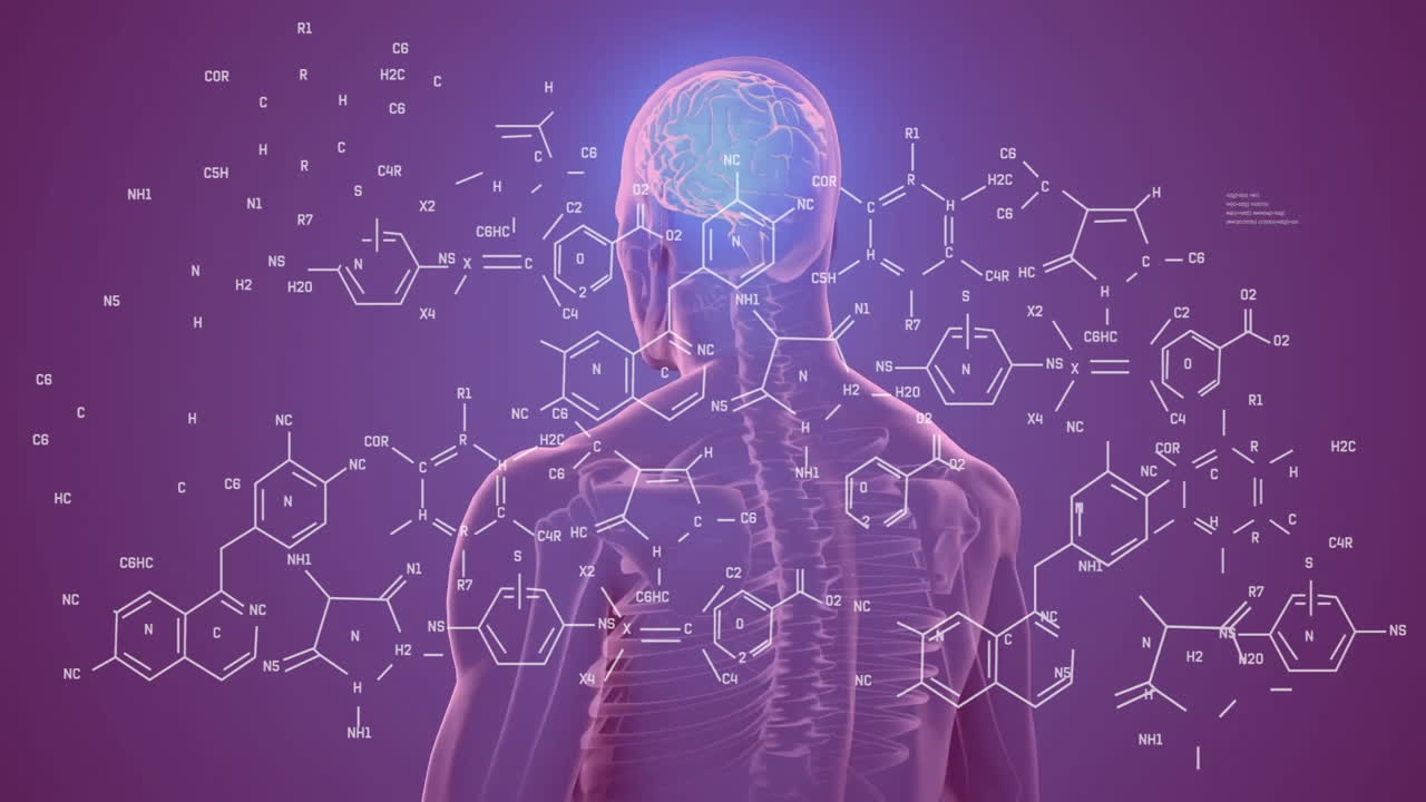 Animação de fórmula química sobre humano digital