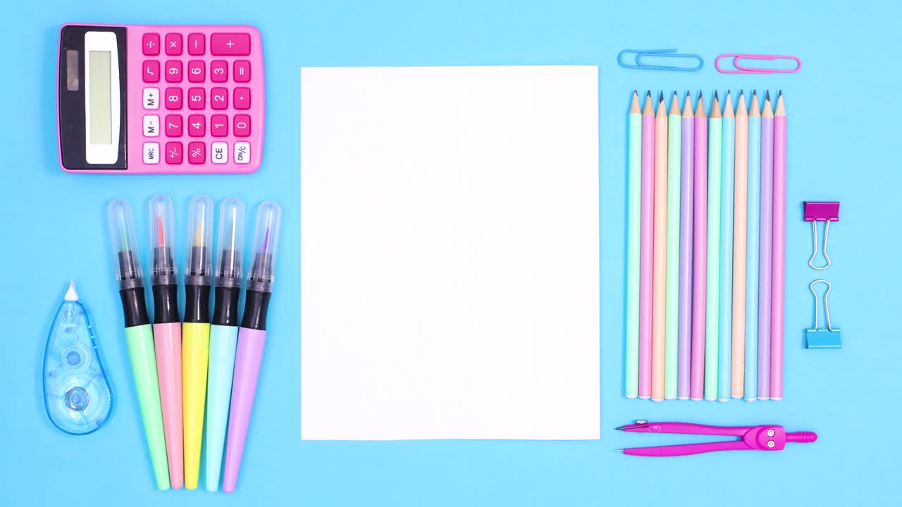 Wrapped paper appear on blue theme with ordered back to school accessories and unwrapping for writing text. Stop motion