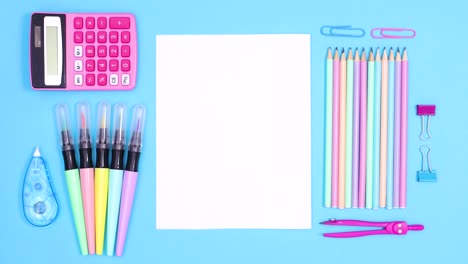 wrapped paper appear on blue theme with ordered back to school accessories and unwrapping for writing text. stop motion