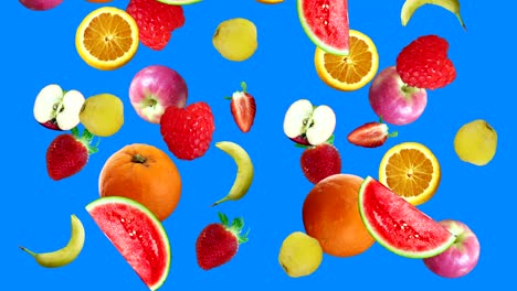 realistic fruits animation on blue screen editable chroma key background, seamless loop