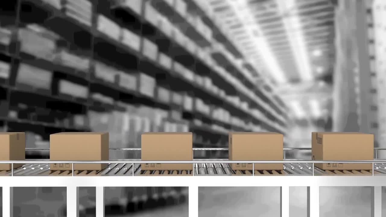animación de cajas de cartón que se mueven en cinta transportadora en el almacén