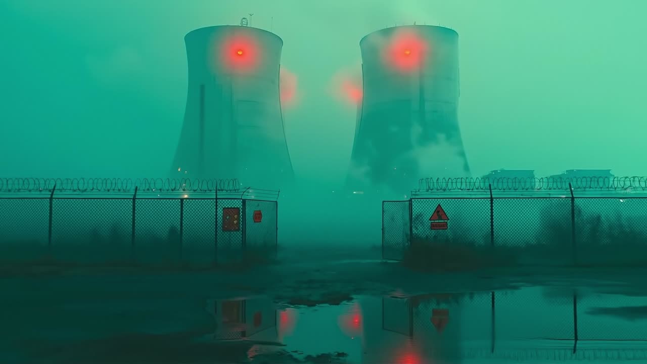 A nuclear power plant with two cooling towers in the fog