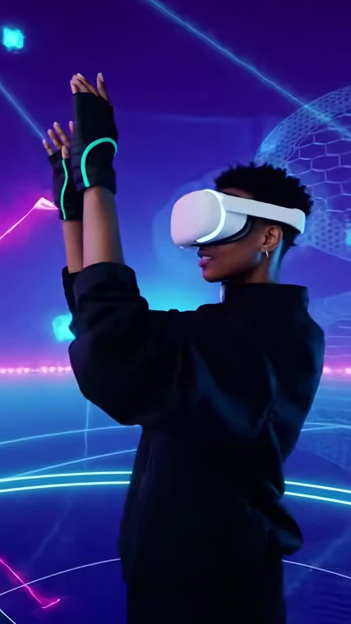 Side angle of a person in VR gear interacting with digital cubes in a neon-lit video scene