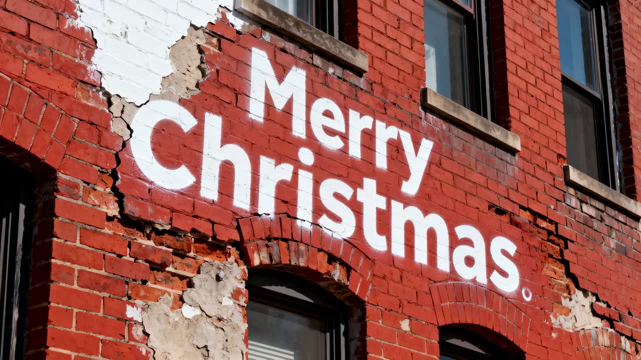 Shot pulling camera closer on red brick wall, revealing Merry Christmas mural, peeling plaster