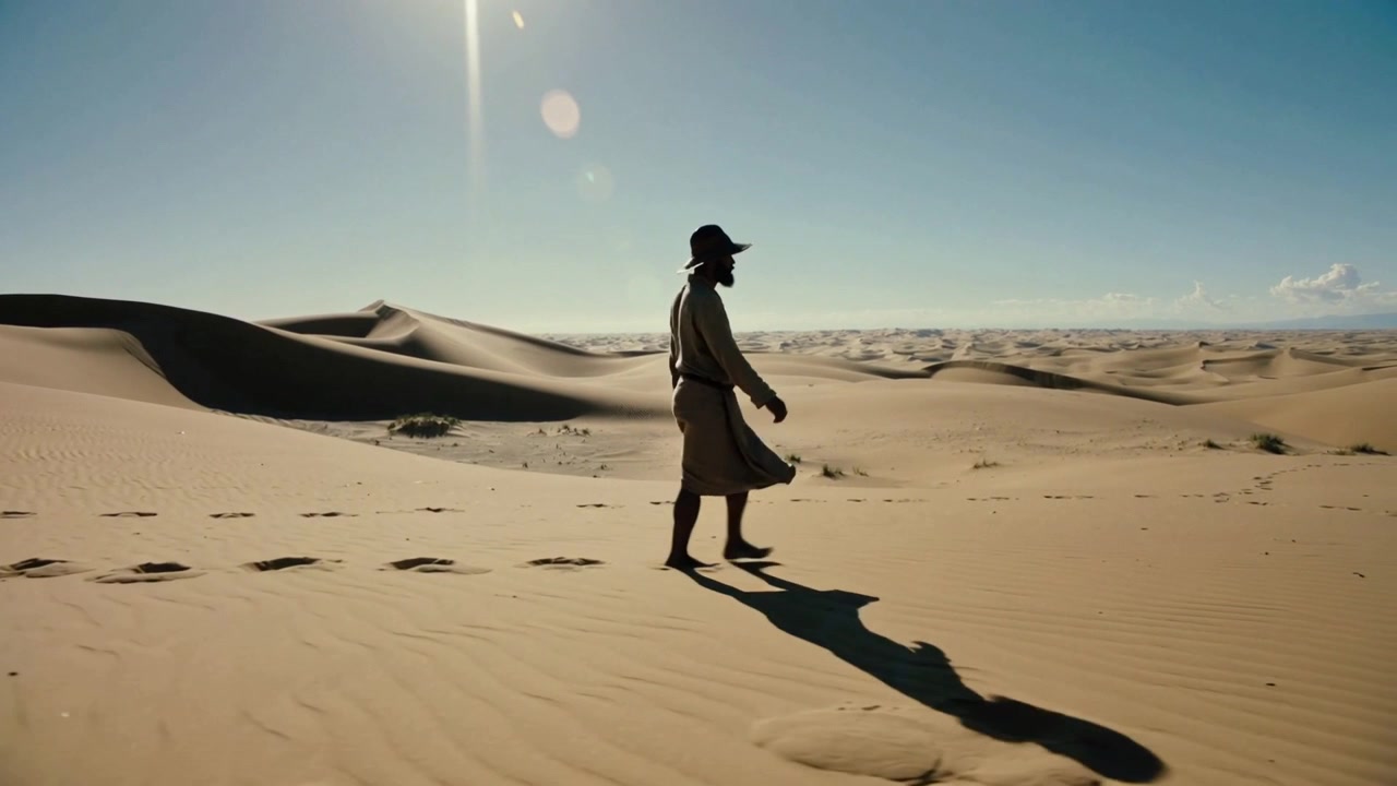 Uomo solitario che cammina a metà passo, con un cappello a tesa larga, che attraversa dune desertiche, lasciando impronte.