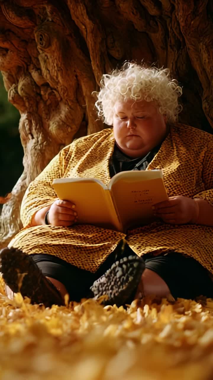 A Pensive Individual Reading a Book Under a Tree Surrounded by Autumn Leaves in a Serene and Relaxing Outdoor Setting Emphasizing Peaceful Reflection