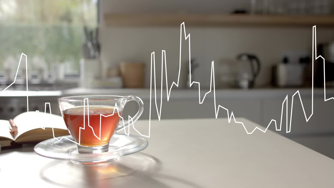 White waveform appearing midframe drawing left to right into peaks showing audio rise beside teacup