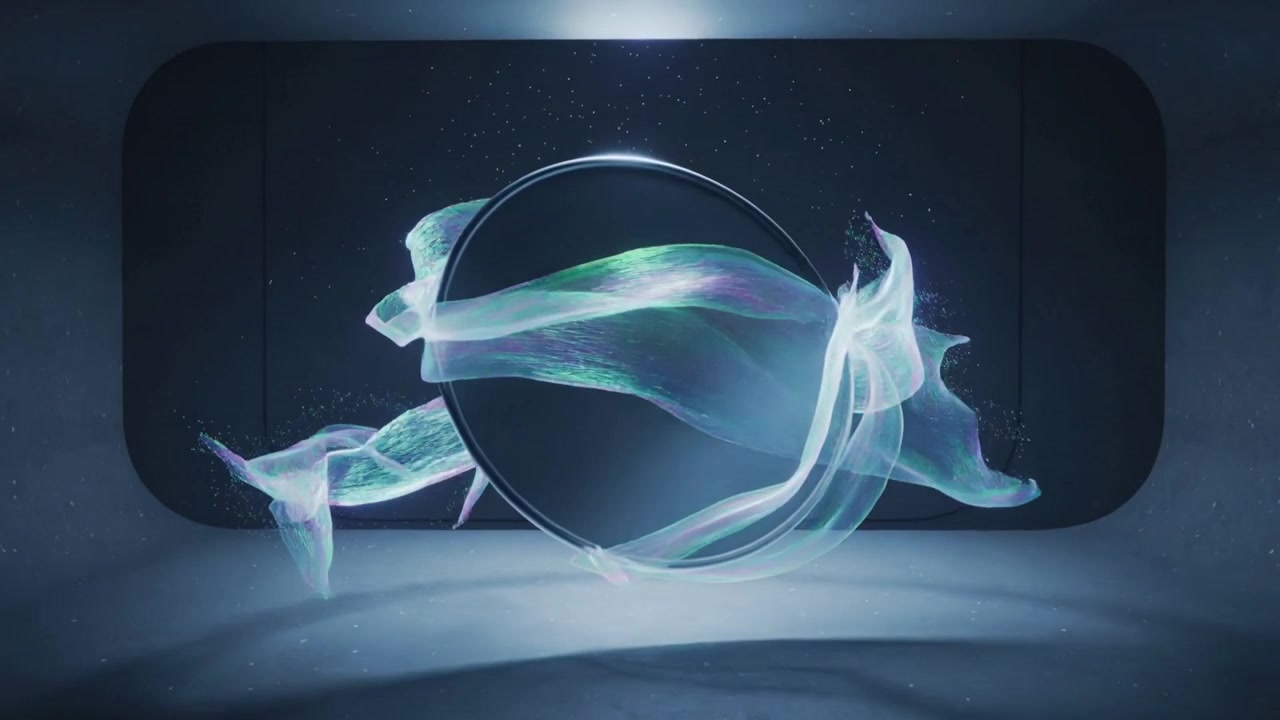 Rotating dark disc tilting, revealing rim in alcove as top light shifting, ribbon winding behind