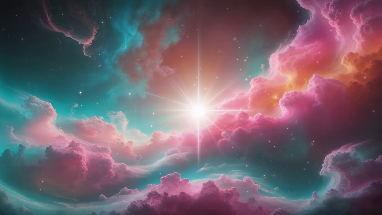 Vibrant Cosmic Sky with Ethereal Clouds and Bright Star