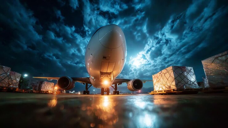 A Stunning Night View of a Cargo Aircraft Prepared for Loading, Illuminated Under Dramatic Cloudy Skies with Cargo Pallets Ready for Transport in a Freight Logistics Setting