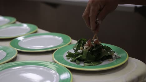 Hand-held shot of a chef preparing a beautiful salad and adding finishing touches