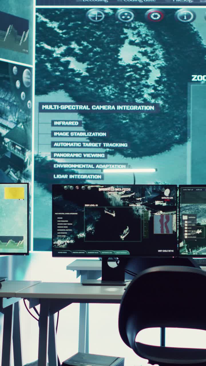 Empty Control Room with Advanced Surveillance and Data Displays