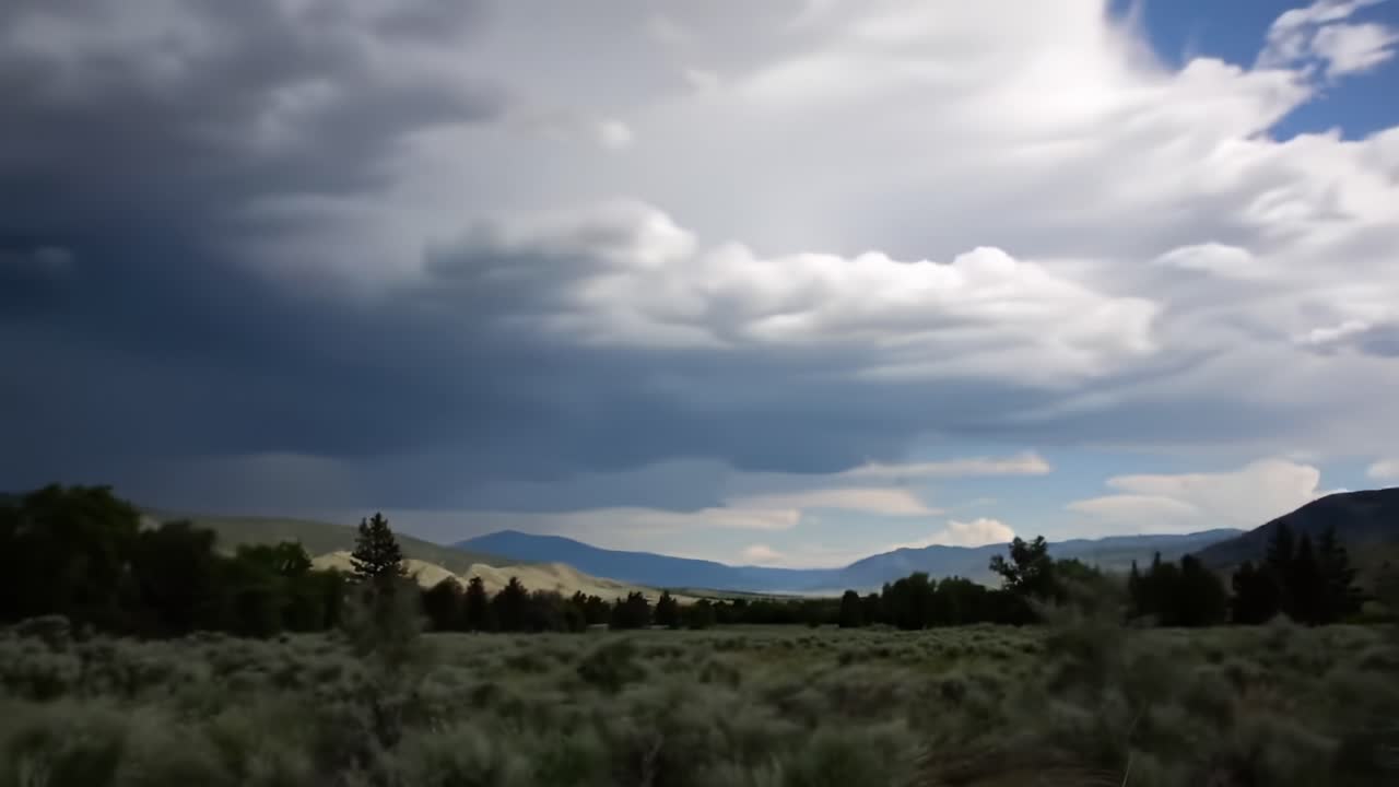 Dramatic Sky Transformation: Observing the Shifting Clouds and Darkening Atmosphere Over a Serene Landscape at Dusk