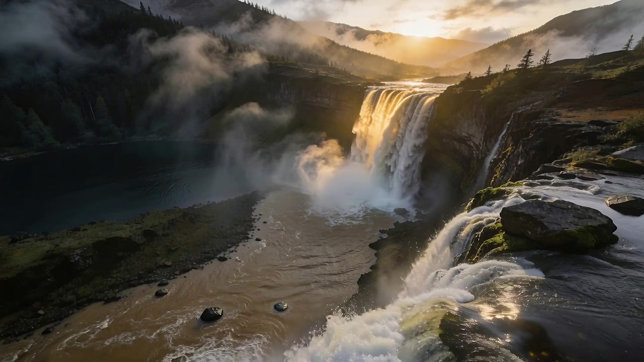 Telecamera che si sposta rivelando una cascata a più livelli che scorre in una valle, con una sporgenza muschiosa che mostra una luce dorata
