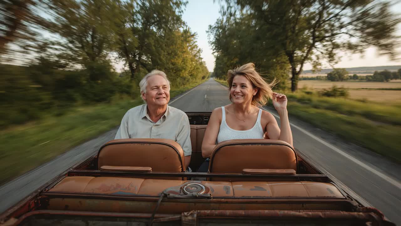 Pareja conduciendo un descapotable por una carretera rural en un viaje de placer; la mujer se recoge el pelo mientras el viento se lo levanta
