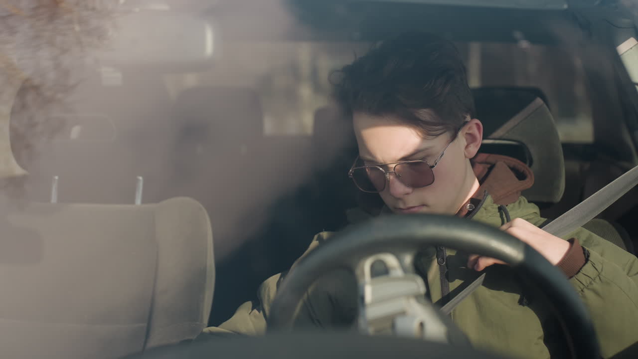 man inside parked car seen through windshield putting on seatbelt with one hand while holding steering wheel with other hand during sunny day as shadow falls across his face